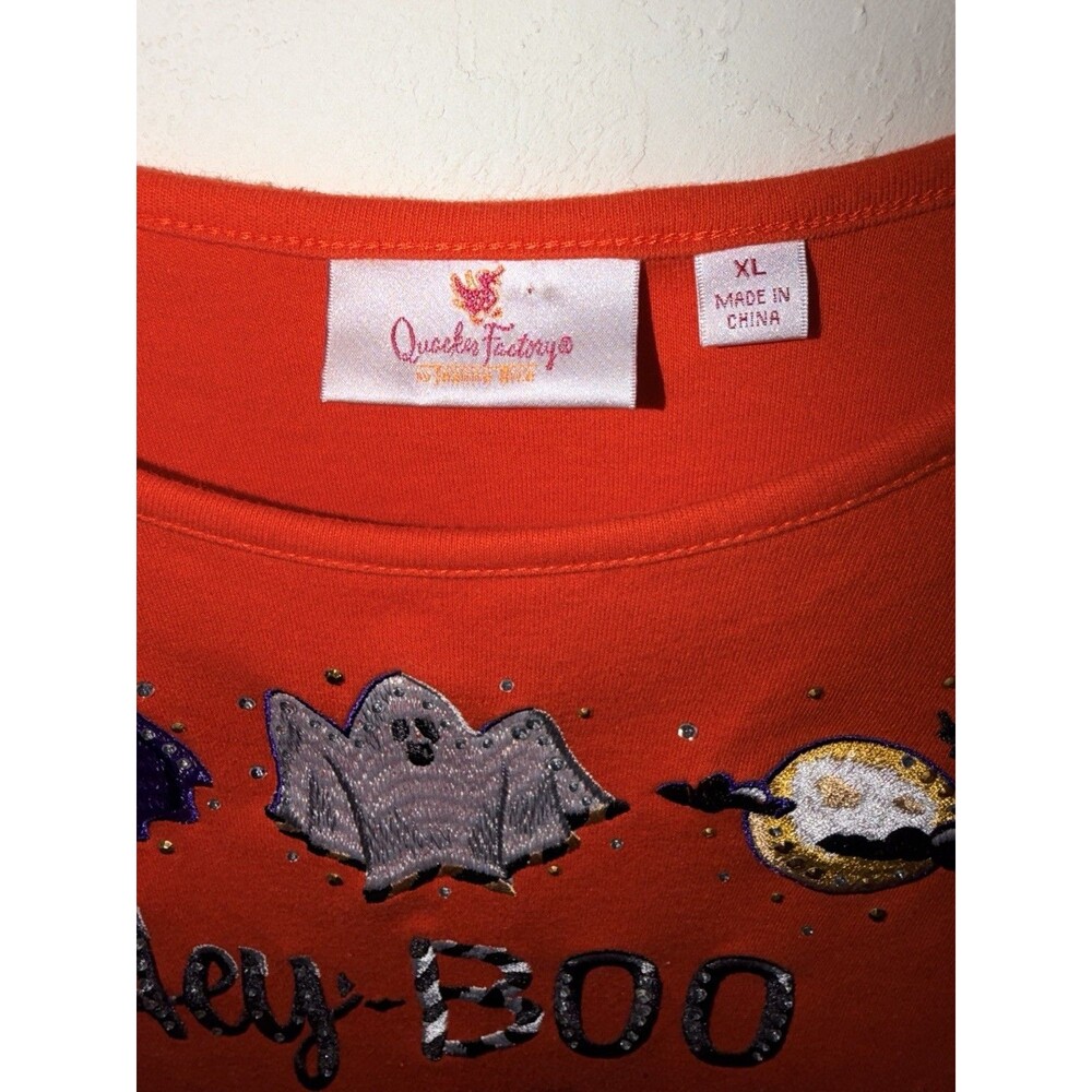 Quacker Factory Orange Hey Boo Shirt Embellished Ghost Bat Halloween Top Sz XL - Picture 3 of 8
